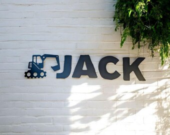 Personalised Black MDF Name Sign: Digger or Tractor Decor, 27cm Letter