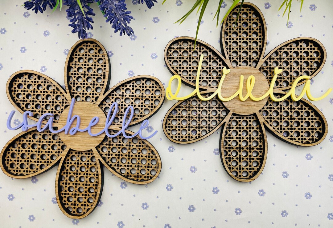 Personalised Rattan Daisy Flower Name Wall Decor. Door Plaque Girls Teenager Bedroom Playroom Sign. Kitchen. Birthday Christmas Gift