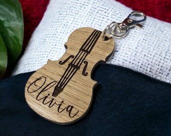 Personalised Name Violin Shape Keyring Keychain - Laser Engraved Wood