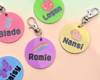 Personalised Childrens School Bag Tag, Custom Name Acrylic Keyring, Kids Nursery Backpack Label, Dinosaur Unicorn Butterfly Keychain