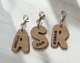 Personalised Wooden Initial Name Keychain: Engraved School Bag Tag