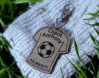 Personalised Wood Football Shirt Keyring, Coach or Team Gift