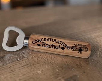 Personalised Graduation Bottle Opener Gift, Engraved Wooden Handle Custom Class of, Congratulations Present Keepsake
