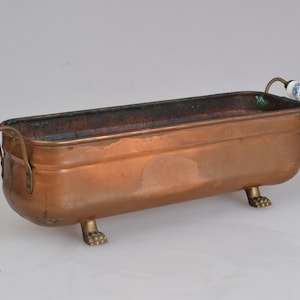 Antique copper flower pot jardiniere with porcelain handles