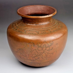 Antique solid copper etched engraved water pot parrot