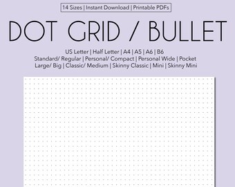 Griglia a punti / Pagina puntata - Inserto pianificatore in 14 formati: Lettera USA, Mezza lettera, A4, A5, A6, B6 Standard, Personale, Pers. Taglie larghe, tascabili, HP
