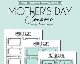 Buoni per la festa della mamma - Regalo stampabile per il download istantaneo