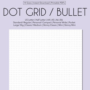Cuadrícula de puntos / Página con viñetas - Inserto de planificador en 14 tamaños - Carta de EE. UU., Media carta, A4, A5, A6, B6 Estándar, Personal, Personal. Ancho, Bolsillo, Tamaños HP