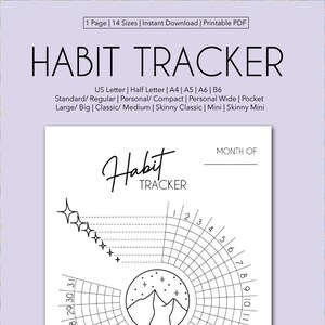 Puede incluir: Un rastreador de hábitos imprimible con un diseño de montaña y estrellas. El rastreador es un círculo con 31 días marcados alrededor del exterior y 13 filas de casillas en el interior. El texto "Habit Tracker" está en la parte superior de la página. El texto "MONTH OF" está en la parte superior derecha de la página.