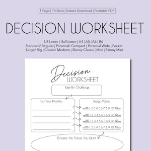 May include: A black and white printable decision worksheet with the title "Decision Worksheet". The worksheet includes sections for identifying a challenge, listing priorities, assigning values, envisioning the future, and acknowledging mental obstacles.