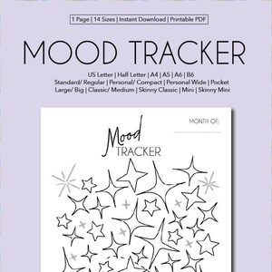 Monthly Mood Tracker Planner Insert- 14 Sizes: US Letter, Half Letter, A4, A5, A6, B6 Standard, Personal, Personal Wide, Pocket, & HP Sizes