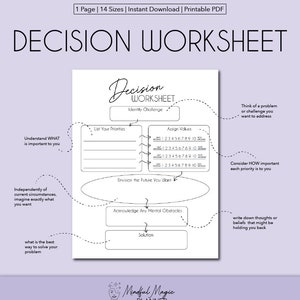 May include: Black and white printable decision worksheet with the title "Decision Worksheet" and instructions to identify a challenge, list priorities, assign values, envision the future, acknowledge mental obstacles, and find a solution.