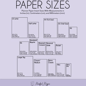 May include: A chart showing different paper sizes in inches, centimeters, and millimeters. The chart includes US Letter, Half Letter, A4, A5, A6, B6, Standard/Regular, Personal/Compact, Personal Wide, Pocket, Large/Big, Classic/Medium, Skinny Classic, Mini, and Skinny Mini.