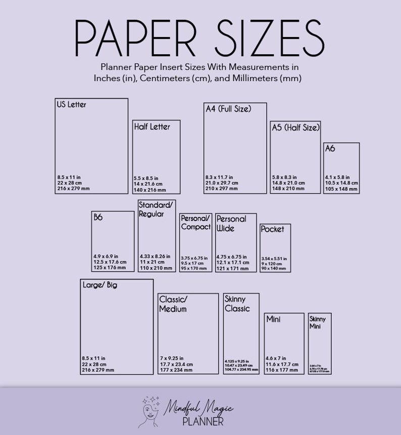 May include: A chart showing different paper sizes in inches, centimeters, and millimeters. The chart includes US Letter, Half Letter, A4, A5, A6, B6, Standard/Regular, Personal/Compact, Personal Wide, Pocket, Large/Big, Classic/Medium, Skinny Classic, Mini, and Skinny Mini.