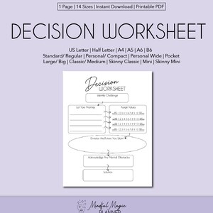 May include: A black and white printable decision worksheet with the title "Decision Worksheet". The worksheet includes sections for identifying the challenge, listing priorities, assigning values, envisioning the future, acknowledging mental obstacles, and solutions.