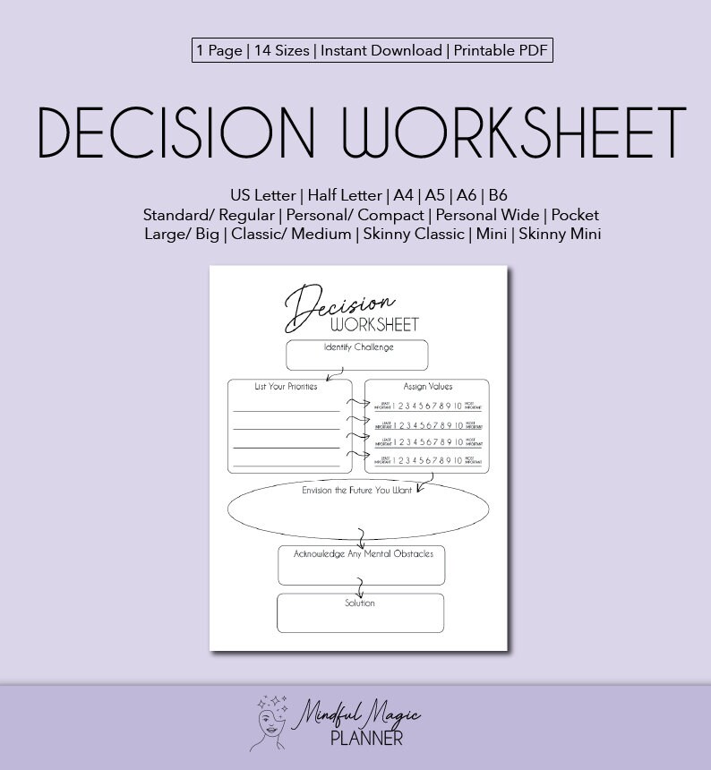 May include: A black and white printable decision worksheet with the title "Decision Worksheet". The worksheet includes sections for identifying the challenge, listing priorities, assigning values, envisioning the future, acknowledging mental obstacles, and solutions.
