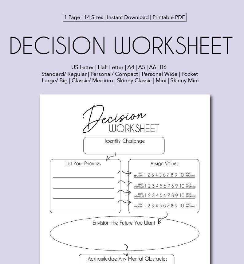 May include: A black and white printable decision worksheet with the title "Decision Worksheet". The worksheet includes sections for identifying a challenge, listing priorities, assigning values, envisioning the future, and acknowledging mental obstacles.
