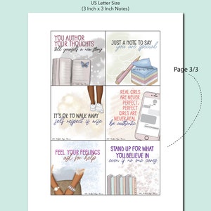 May include: A set of four printable 3x3 inch lunchbox notes with motivational quotes for school aged children. The notes feature illustrations of a book, a pen, a phone, and a stack of books. The notes are designed to be printed on US letter size paper.