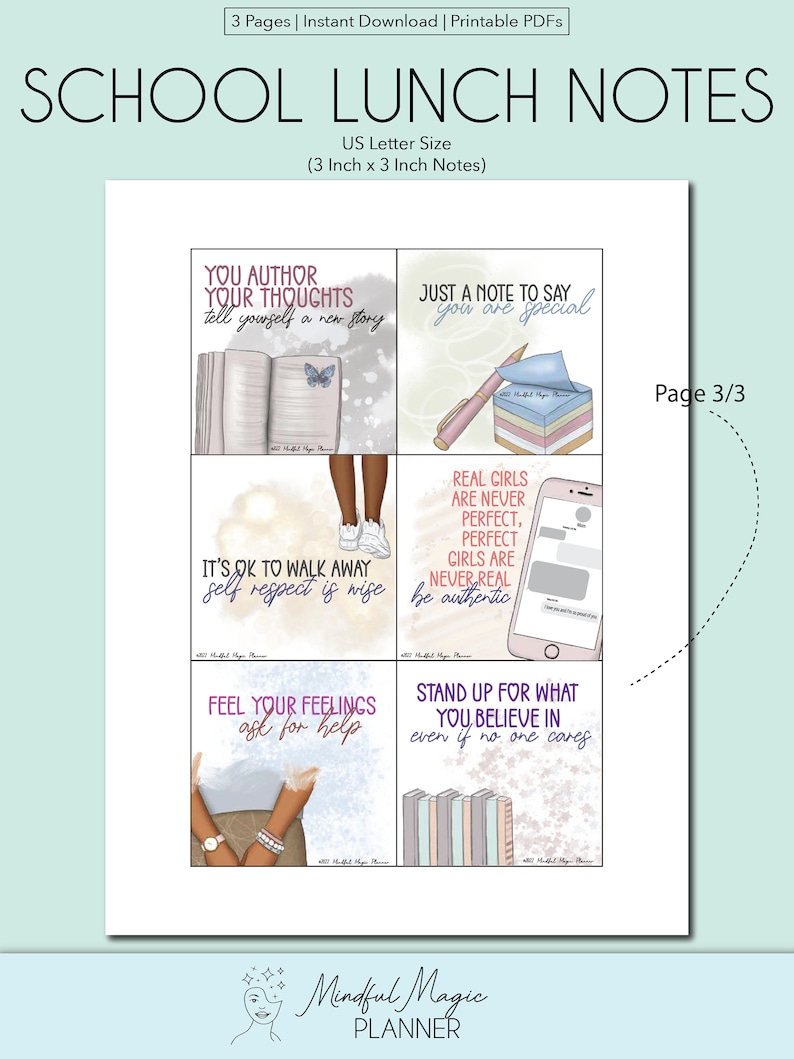 May include: A set of four printable 3x3 inch lunchbox notes with motivational quotes for school aged children. The notes feature illustrations of a book, a pen, a phone, and a stack of books. The notes are designed to be printed on US letter size paper.