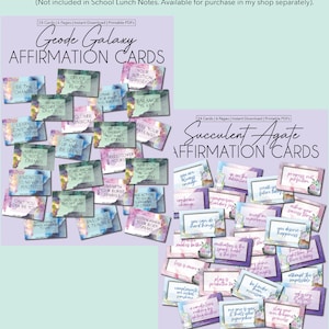 May include: Two sets of affirmation cards with watercolor backgrounds. The first set features a geode galaxy theme with phrases like "Be the Change" and "Infinite Possibilities Await You". The second set features a succulent agate theme with phrases like "You Are Enough" and "Go on the Adventure".