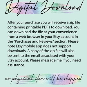 May include: A digital download graphic with a rainbow gradient background and the text "Digital Download". The text "this item is a" appears above the graphic. The text "After your purchase you will receive a zip file containing printable PDFs to download. You can download the file at your convenience from a web browser in your Etsy account in the "Purchases and Reviews" section. Please note Etsy mobile app does not support downloads. A copy of the zip file will also be sent to the email associated with your Etsy account. Please message me if you need assistance." appears below the graphic. The text "no physical item will be shipped" appears below the text. The text "Mindful Magic PLANNER" appears at the bottom of the graphic.