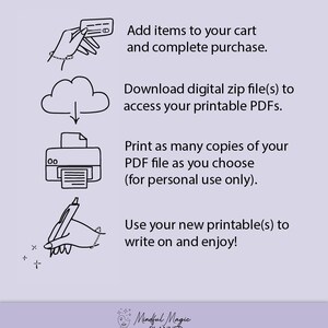 May include: A black and white illustration showing the steps to download and print digital files. The steps include adding items to a cart, downloading a zip file, printing the PDF, and writing on the printable. The text reads "Add items to your cart and complete purchase. Download digital zip file(s) to access your printable PDFs. Print as many copies of your PDF file as you choose (for personal use only). Use your new printable(s) to write on and enjoy!" The illustration is on a light purple background with the text "Mindful Magic PLANNER" at the bottom.