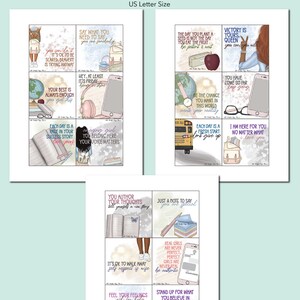 May include: A set of printable school lunch notes featuring colorful illustrations and inspirational quotes. The notes include phrases like "You can do it", "Your best is always enough", "Say what you need to say", "You author your thoughts", "It's ok to walk away", "Feel your feelings ask for help", "Stand up for what you believe in", "Real girls are never perfect", "Victory is yours, queen", "Be the chance you want in this world", "Each day is a fresh start", "You have come so far", "I am here for you no matter what".