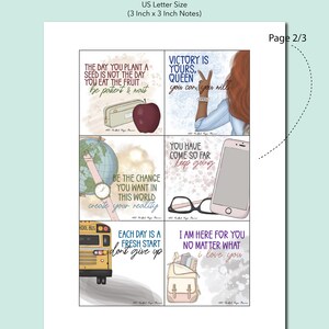 May include: Six printable 3x3 inch school lunch notes with motivational quotes and illustrations. The notes feature a school bus, a globe, a backpack, a phone, a pair of glasses, and an apple. The quotes include "Victory is yours, Queen", "You have come so far, keep going", "Be the change you want in this world, create your reality", "Each day is a fresh start, don't give up", "I am here for you, no matter what, I love you", and "The day you plant a seed is not the day you eat the fruit, be patient & wait".
