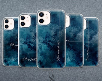 Dark Blue Color Phone Case Watercolor Print Cover for iPhone 14, 13, 12, 11, XR, XS, 8, 7, Samsung S10, S20, S21, A13, A33, A53, Huawei P40
