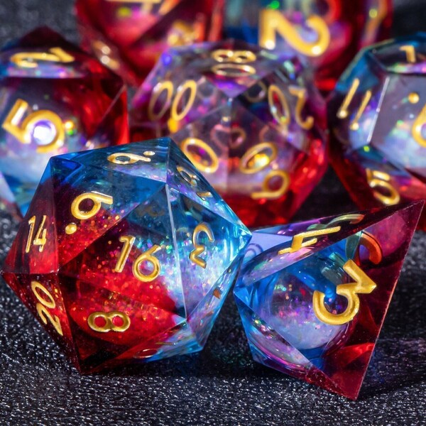 dnd dice liquid core, jeu de dés à noyau liquide rouge et bleu pour les jeux de rôle, dés d&d en résine à noyau liquide pour donjons et dragons