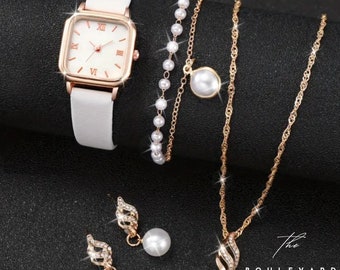 Perlen Schmuck Set Perlen Halskette Perlen Ohrringe Perlen Armband Casual Schmuck Set Pearls Quartz Armbanduhr Weiß