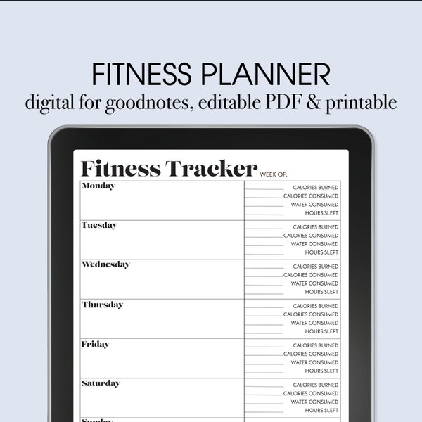 Fitness planner, Digital Fitness Planner Goodnotes, wellness planner, Workout tracker, weekly fitness, calorie counter, editable fitness