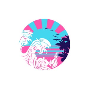 Japanese Vaporwave Style Sunset Svg, Retro Sunset Rays Wavy Water Png, Sunset with Waves Clipart, Ocean Waves Sun Rays Png, Sunset Svg