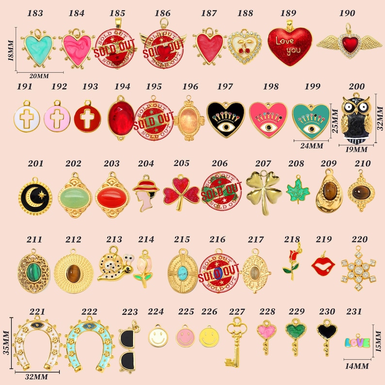 May include: A collection of gold-toned charms with various designs, including hearts, crosses, owls, and keys. Some charms feature colorful enamel accents and the text "SOLD OUT". Measurements are provided in millimeters and inches.