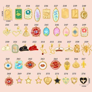 May include: A collection of gold-colored pendants with various designs, including floral, geometric, and symbolic motifs. Some pendants feature enamel details and text. The pendants are of varying shapes and sizes, suitable for jewelry making.