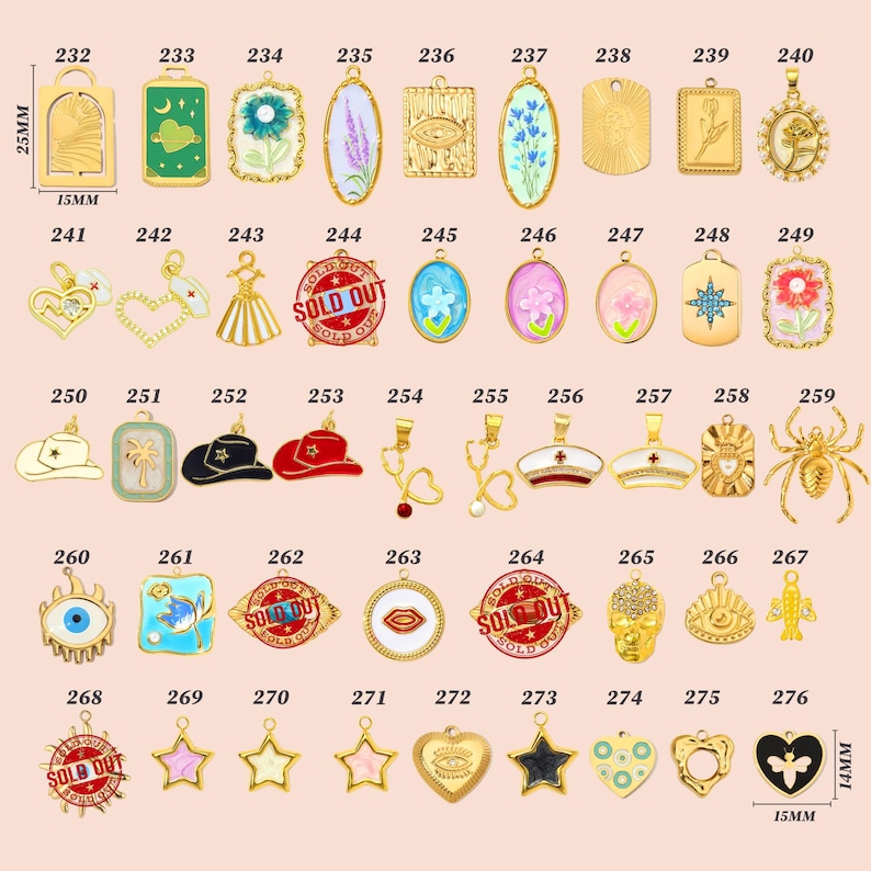 May include: A collection of gold-colored pendants with various designs, including floral, geometric, and symbolic motifs. Some pendants feature enamel details and text. The pendants are of varying shapes and sizes, suitable for jewelry making.