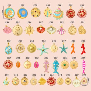May include: A collection of gold-colored pendants with various designs, including suns, moons, crosses, shells, and starfish. Some pendants have colorful enamel accents. Measurements are approximately 23mm x 20mm and 13mm x 11mm.