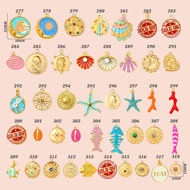 May include: A collection of gold-colored pendants with various designs, including suns, moons, crosses, shells, and starfish. Some pendants have colorful enamel accents. Measurements are approximately 23mm x 20mm and 13mm x 11mm.