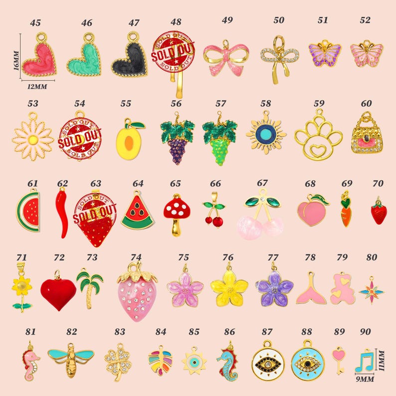 May include: A collection of colorful enamel charms with gold-tone accents. The charms include hearts, bows, flowers, fruits, and other shapes. Measurements are 16mm x 12mm and 11mm x 9mm.