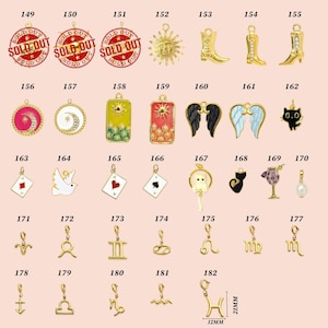May include: A collection of gold-colored charms, including a sun, boots, wings, a cat, playing card suits, and zodiac signs. Some charms have colorful enamel details. Measurements are 21mm in height and 12mm in width.