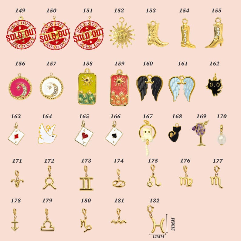 May include: A collection of gold-colored charms, including a sun, boots, wings, a cat, playing card suits, and zodiac signs. Some charms have colorful enamel details. Measurements are 21mm in height and 12mm in width.