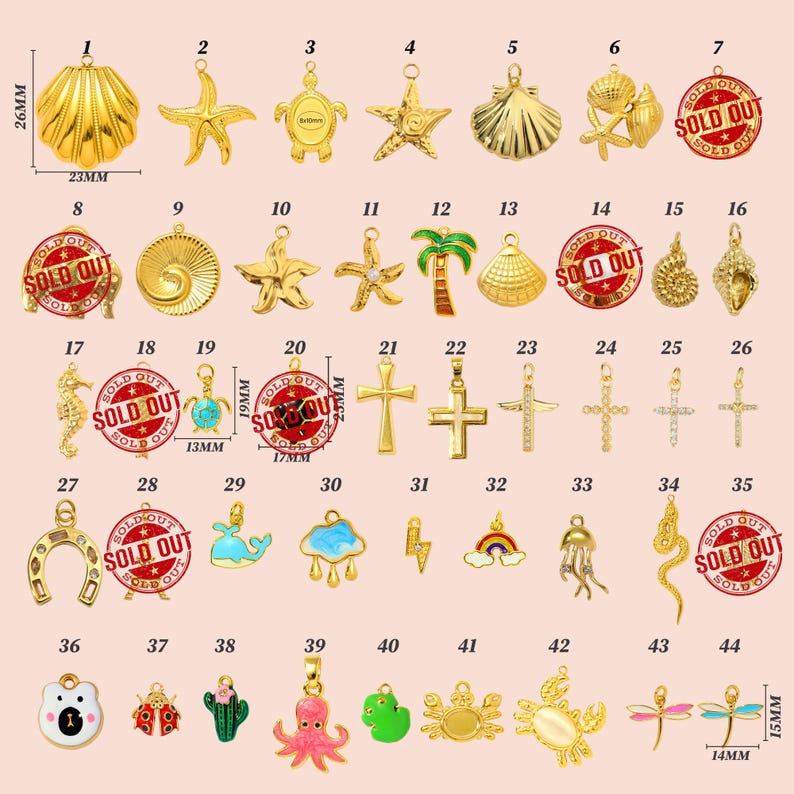 May include: A collection of gold-colored charms in various shapes, including seashells, starfish, crosses, and animals. Some charms are adorned with colorful enamel. Measurements are provided for some charms, such as 26mm x 23mm.