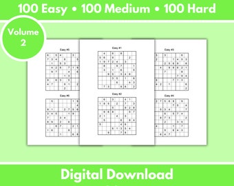 Sudoku-pussel - Volym 2 | 300 utskrivbara pussel från lätt till svårt (100 styck) | Digitalt | Utskrivbara sidor | Direktnedladdning i PDF-format