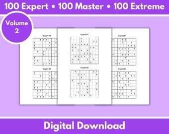 Sudoku Rätsel - Band 2 | 300 druckbare Puzzles von Experte bis Extrem (jeweils 100) | Digital | Druckbare Seiten | Sofort Download PDF