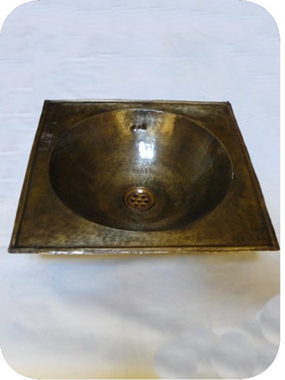 Vasque en Cuivre Patiné Bronze Marocaine Ronde, Plage Carrée 38 X cm - à Encastrer/Lavabo Encastrabl