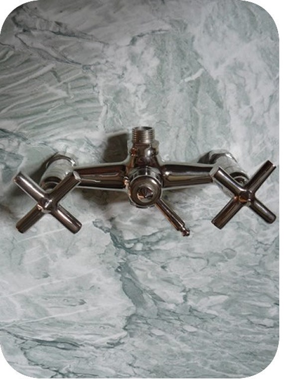 Robinet de Douche avec Inverseur Finition Maillechort Argenté, Poignées Croisillon Mécanismes Cérami