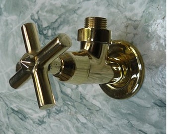 Robinet de douche mural eau froide en cuivre doré (laiton massif) - 1 poignée croisillon avec mécanisme céramique 1/4 tour - Douche rétro