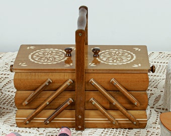 Caja de costura Cesta de costura Caja de costura de madera Organizador de escritorio Organizador de joyas Caja de madera vintage Regalo del día de la madre Regalo de boda Inauguración de la casa