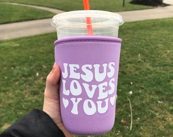 Jesus Loves You Coffee Sleeve, Christian Gifts for Her, 22-24 Ounces, Insulated Holder for Cold Drinks, Iced Coffee, For Medium Sized Cups