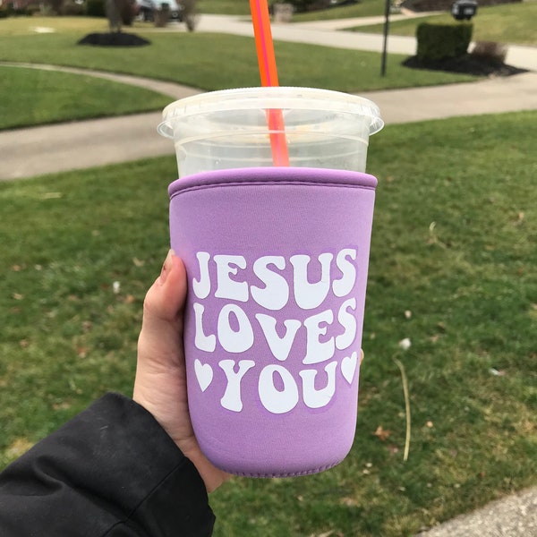 Jesus Loves You Coffee Sleeve, Christian Gifts for Her, 22-24 Ounces, Insulated Holder for Cold Drinks, Iced Coffee, For Medium Sized Cups